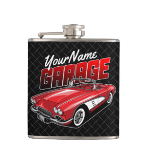 Personalized 1961 C1 Red Classic Sports Car Garage Hip Flask