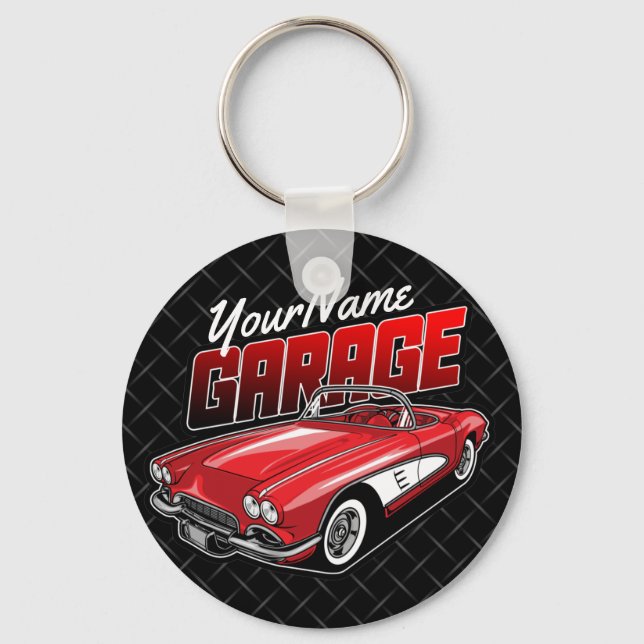 Personalized 1961 C1 Red Classic Sports Car Garage Keychain (Front)
