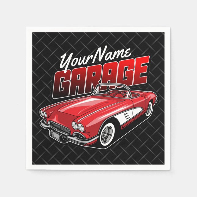 Personalized 1961 C1 Red Classic Sports Car Garage Napkin (Front)