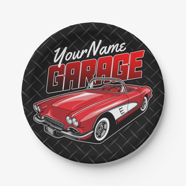 Personalized 1961 C1 Red Classic Sports Car Garage Paper Plate (Front)