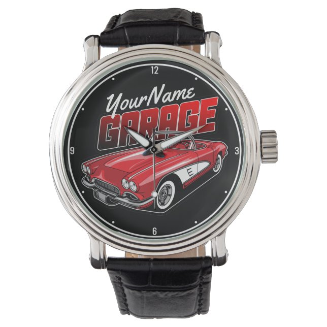 Personalized 1961 C1 Red Classic Sports Car Garage Watch (Front)