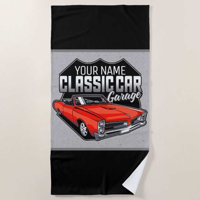 Personalized 1966 Convertible Classic Car Garage Beach Towel (Front)