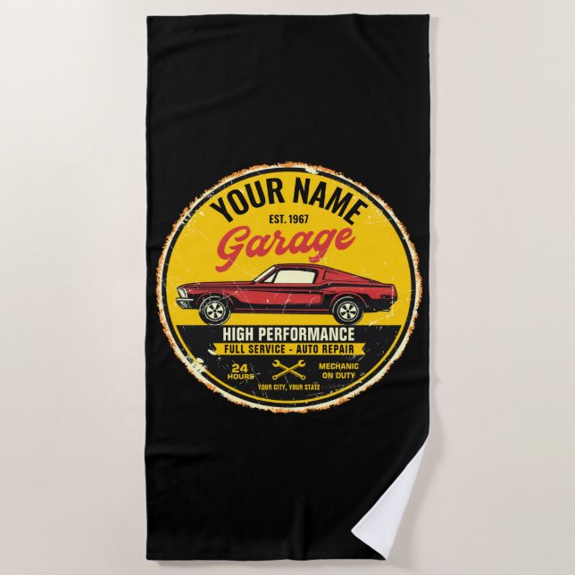 Personalized 1967 Fastback Red Classic Car Garage  Beach Towel (Front)