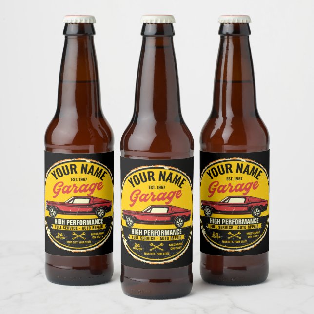 Personalized 1967 Fastback Red Classic Car Garage  Beer Bottle Label (Bottles)