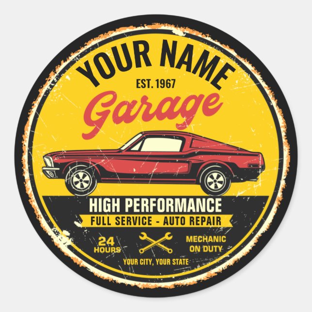 Personalized 1967 Fastback Red Classic Car Garage Classic Round Sticker (Front)