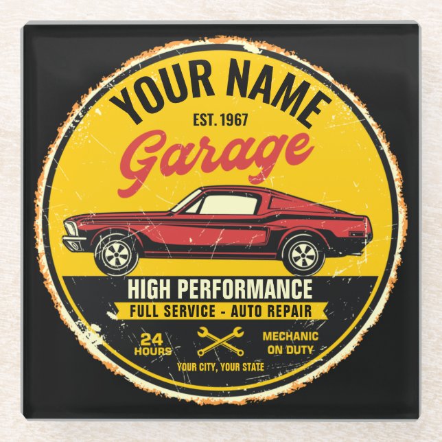 Personalized 1967 Fastback Red Classic Car Garage  Glass Coaster (Front)