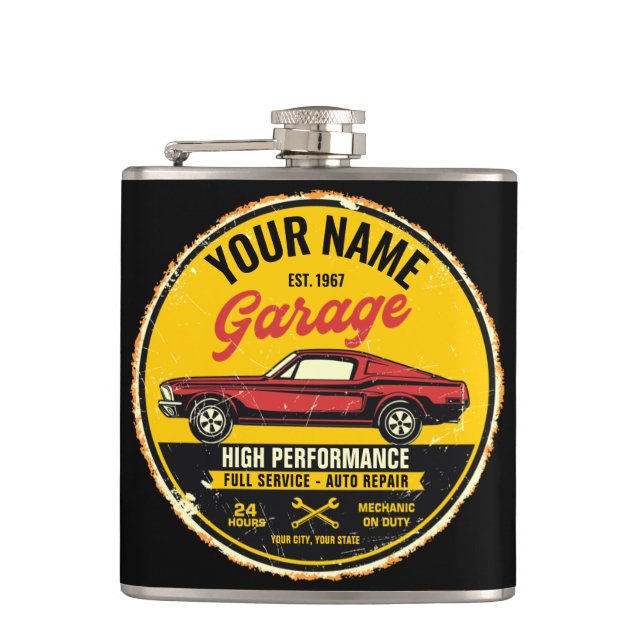 Personalized 1967 Fastback Red Classic Car Garage  Hip Flask (Front)