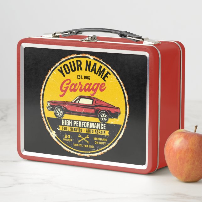 Personalized 1967 Fastback Red Classic Car Garage Metal Lunch Box (In Situ)