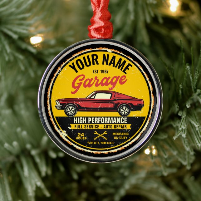 Personalized 1967 Fastback Red Classic Car Garage Metal Ornament (Tree)