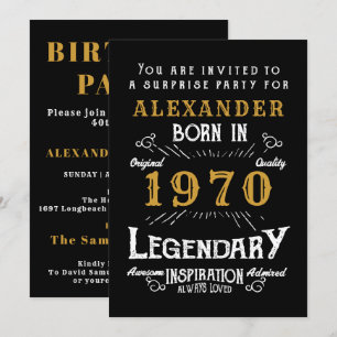Personalized 1970 Birthday Black Gold Retro Legend Invitation