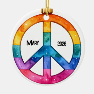 Personalized 1970's Hippie Peace Sign Ceramic Ornament
