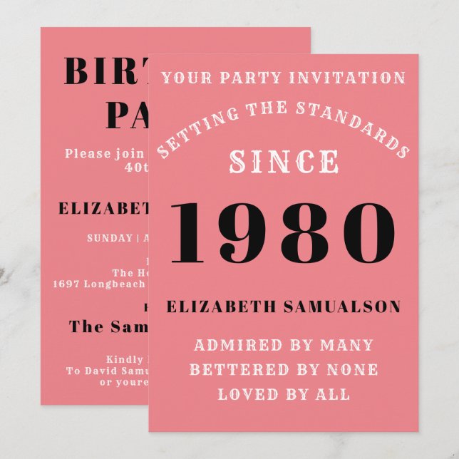 Personalized 1980 Birthday Add Your Name Pink Invitation (Front/Back)
