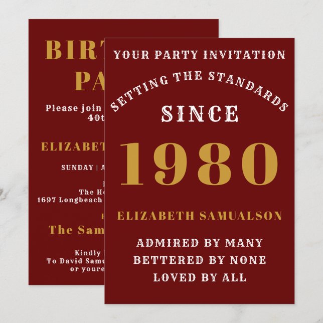 Personalized 1980 Birthday Add Your Name Red Invitation (Front/Back)