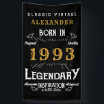 Personalized 1993 30th Birthday Add Name Legendary Banner<br><div class="desc">Personalized birthday banner for those born in 1993. Add the name to this vintage style retro print birthday banner. Edit the name and year with the template provided. A wonderful custom black birthday wall hanging with white and gold vintage style typography. More gifts and party supplies available with the "Legendary"...</div>