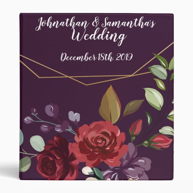 Personalized 1.5" Wedding Binder Plum Purple Roses (Front)