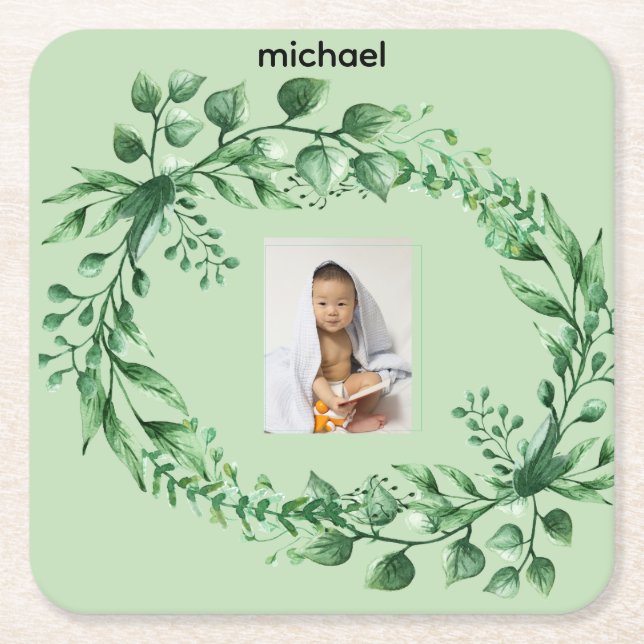 Personalized 1-image Eucalyptus Leaves Square Paper Coaster (Front)