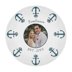 Personalized 1-Photo Blue Anchors & Sea Shells Cutting Board