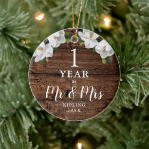 Personalized 1 Year Anniversary as Mr & Mrs Rustic Ceramic Ornament