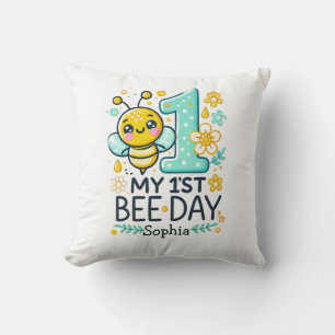 Personalized 1st Bee Day Birthday Throw Pillow