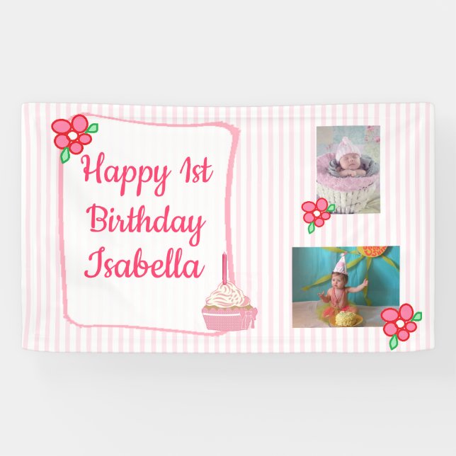 Personalized 1st Birthday Banner for Girl's Pink (Horizontal)