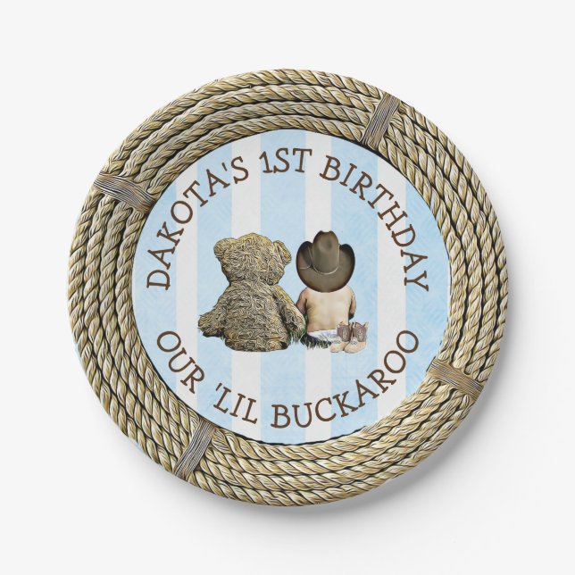 Personalized 1st Birthday Cowboy Themed cake Paper Plate (Front)