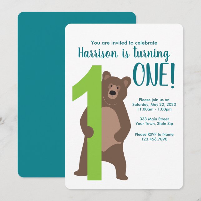 Personalized 1st Birthday Modern Bear Invitation (Front/Back)