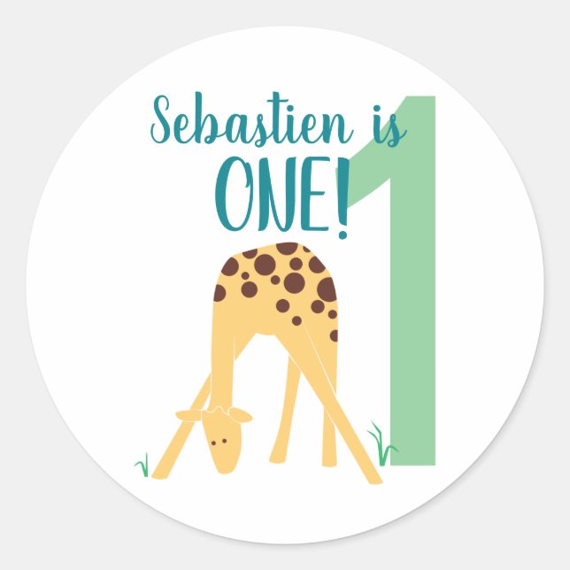 Personalized 1st Birthday Modern Yellow Giraffe Classic Round Sticker (Front)