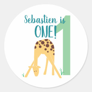 Personalized 1st Birthday Modern Yellow Giraffe Classic Round Sticker