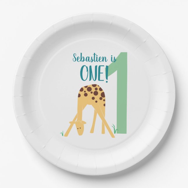 Personalized 1st Birthday Modern Yellow Giraffe Paper Plate (Front)