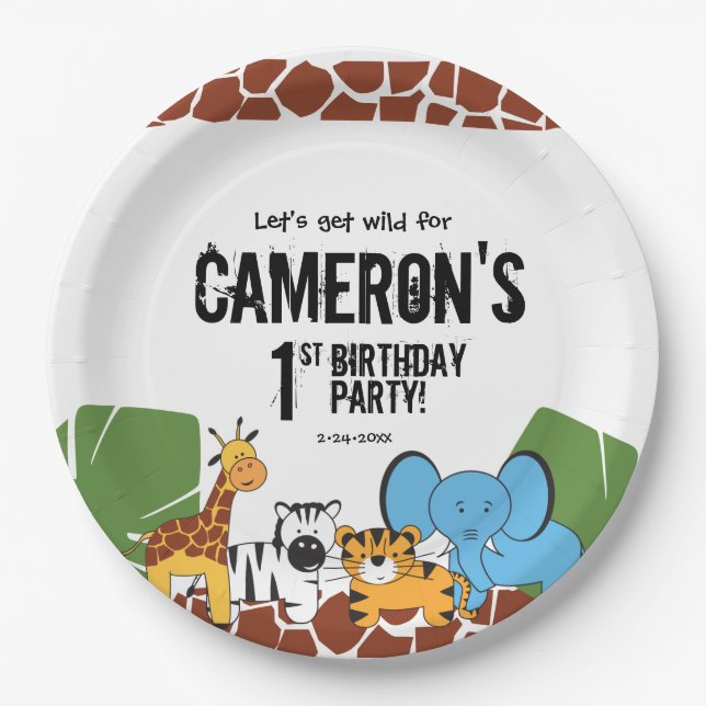 Personalized 1st Birthday Safari party Paper Plate (Front)