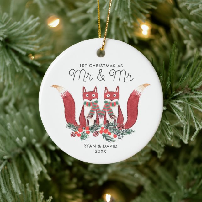 Personalized 1st Christmas As Mr Mr Woodland Foxes Ceramic Ornament (Tree)