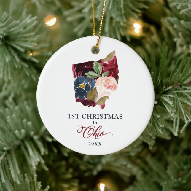 Personalized 1st Christmas In Ohio State Floral Ceramic Ornament (Tree)