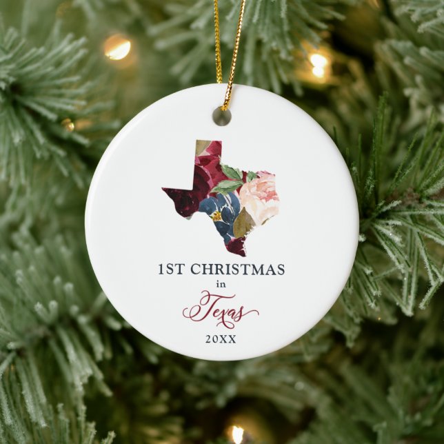 Personalized 1st Christmas In Texas State Floral Ceramic Ornament (Tree)