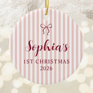 Personalized 1st Christmas Photo Blush Stripes Ceramic Ornament
