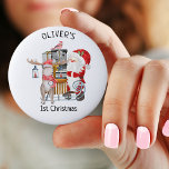 Personalized 1st Christmas Santa and Reindeer 2 Inch Round Button<br><div class="desc">Santa and reindeer, baby's first Christmas button will be a great decoration for the nursery or to attach to a Christmas card. The cute watercolor illustration has Santa Claus with his reindeer and sleigh filled with presents. "[NAME's] 1st Christmas" is lettered in whimsical typography. Lovely keepsake gift for a baby...</div>