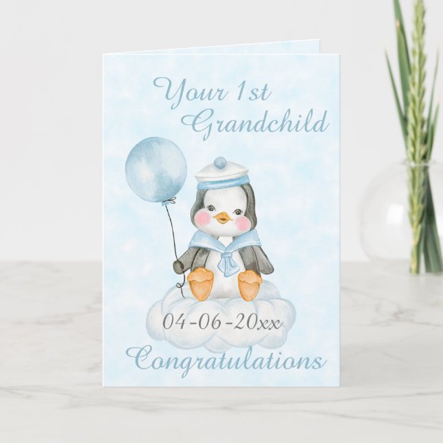 Personalized 1st Grandchild Penguin Card (Front)