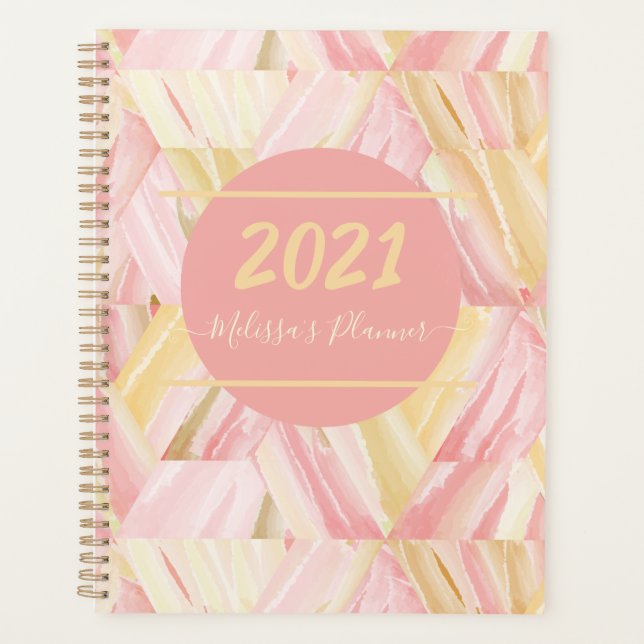 Personalized 2021 Abstract Art Pattern Pink Gold Planner (Front)