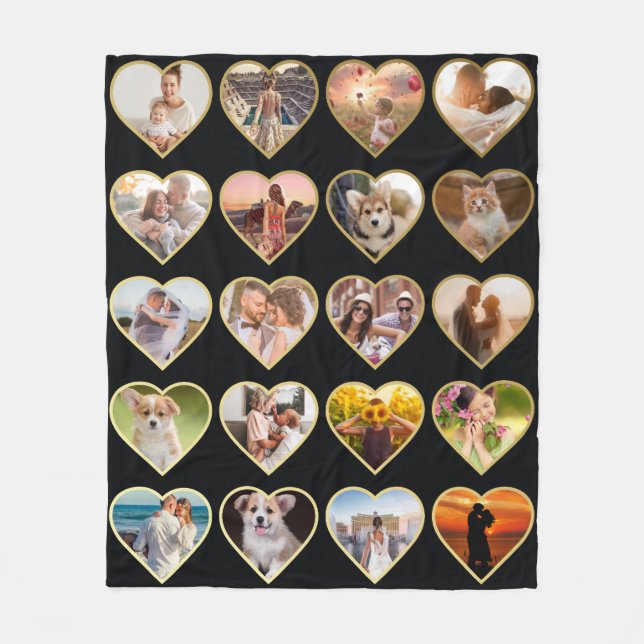 Personalized 20 Golden Heart Photo Collage Fleece Blanket (Front)