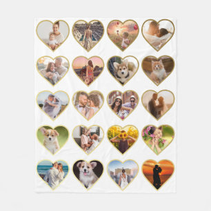 Personalized 20 Golden Heart Photo Collage Fleece Blanket