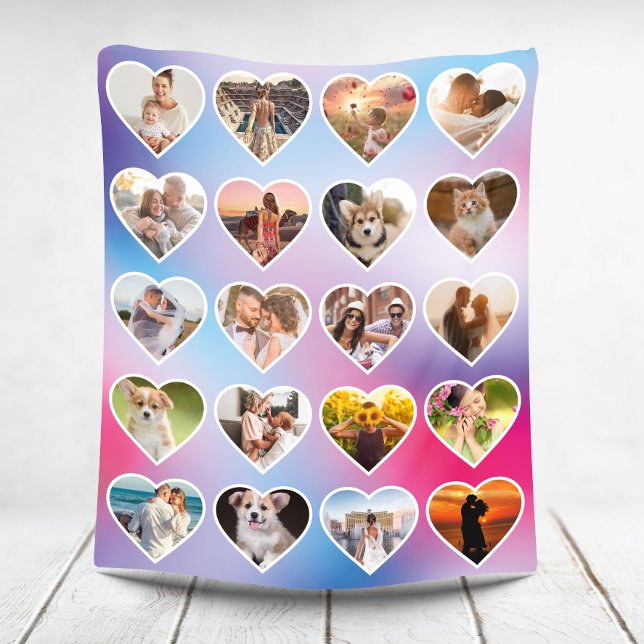 Personalized 20 Heart Photo Colourful Collage Fleece Blanket (Creator Uploaded)