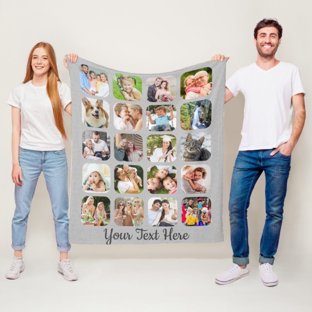 Personalized 20 Photo Collage Script Grey Linen Fleece Blanket (In Situ)