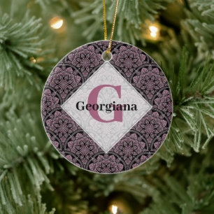 Personalized 20s Dusky Rose Floral Fronds Mandala Ceramic Ornament