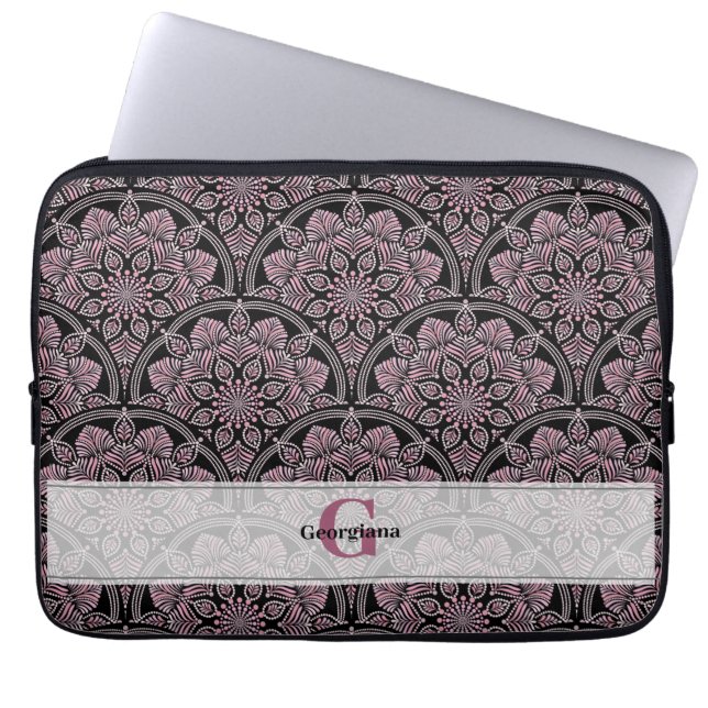 Personalized 20s Dusky Rose Floral Fronds Mandala Laptop Sleeve (Front)