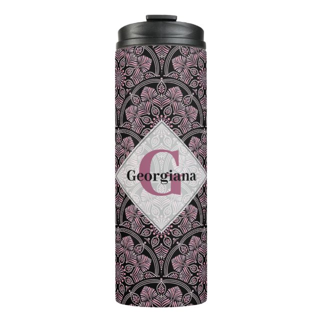 Personalized 20s Dusky Rose Floral Fronds Mandala Thermal Tumbler (Front)