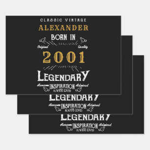 Personalized 20th Birthday Born 2001 Vintage Black Wrapping Paper Sheet