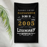 Personalized 20th Birthday Born 2005 Vintage Black Banner<br><div class="desc">A personalized classic party banner for that special birthday born in 2005 and turning 20. Add the name to this vintage retro style black, white and gold design for a custom birthday gift. Easily edit the name and year with the template provided. A wonderful custom black birthday gift. More gifts...</div>