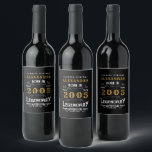 Personalized 20th Birthday Born 2005 Vintage Black Wine Label<br><div class="desc">A personalized classic wine bottle label design for that birthday celebration for somebody born in 2005 and turning 20. Add the name to this vintage retro style black, white and gold design for a custom 20th birthday gift. Easily edit the name and year with the template provided. A wonderful custom...</div>