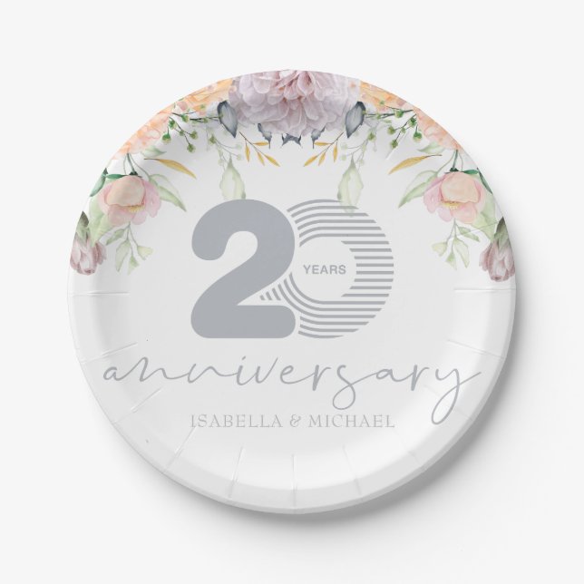 Personalized 20th Wedding Anniversary Floral Paper Plate (Front)