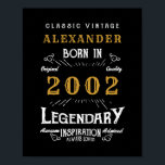 Personalized 21st Birthday 2002 Add Name Legendary Poster<br><div class="desc">Personalized birthday born in 2002 Add your name birthday poster. Edit the name and year with the template provided. A wonderful custom black birthday design. More gifts and party supplies available with the "Legendary" design in the store.</div>