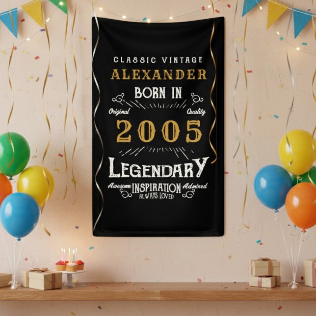 Personalized 21st Birthday 2005 Vintage Legend Banner (Born 2005 birthday banner on a wall.)